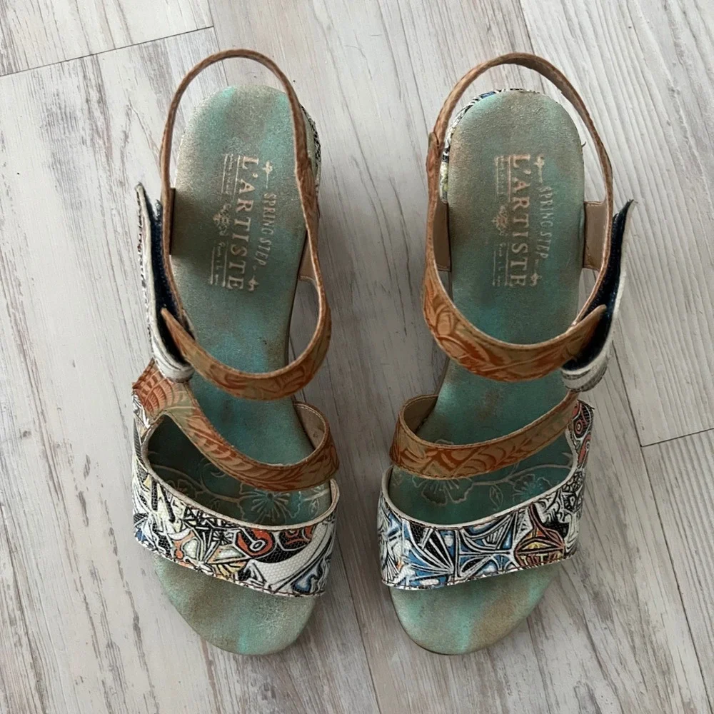 Spring Step L'Artiste Marvel Leather Sandals Multi Color Floral Boho Heel 38